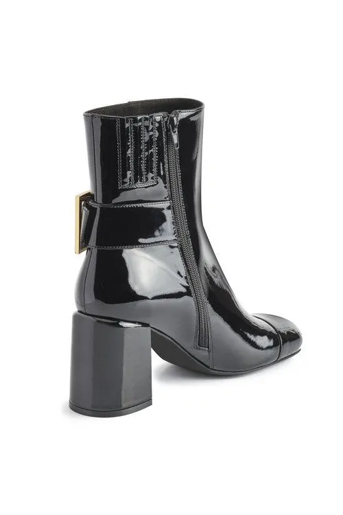 Jeffrey Campbell Academy Buckle Ankle Boot in Black Patent Gold