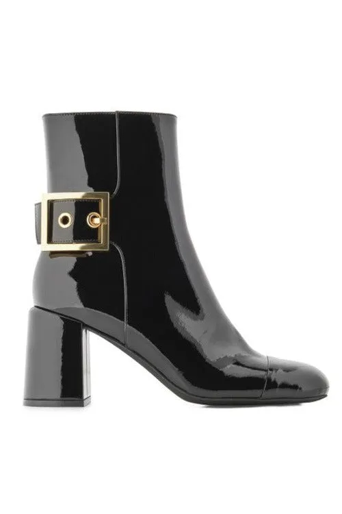 Jeffrey Campbell Academy Buckle Ankle Boot in Black Patent Gold