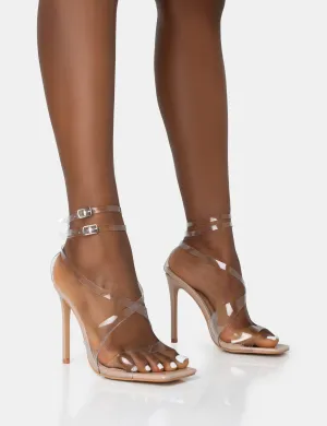 Jojo Nude Patent Cut Out Perspex Strap Square Toe Stiletto Heels