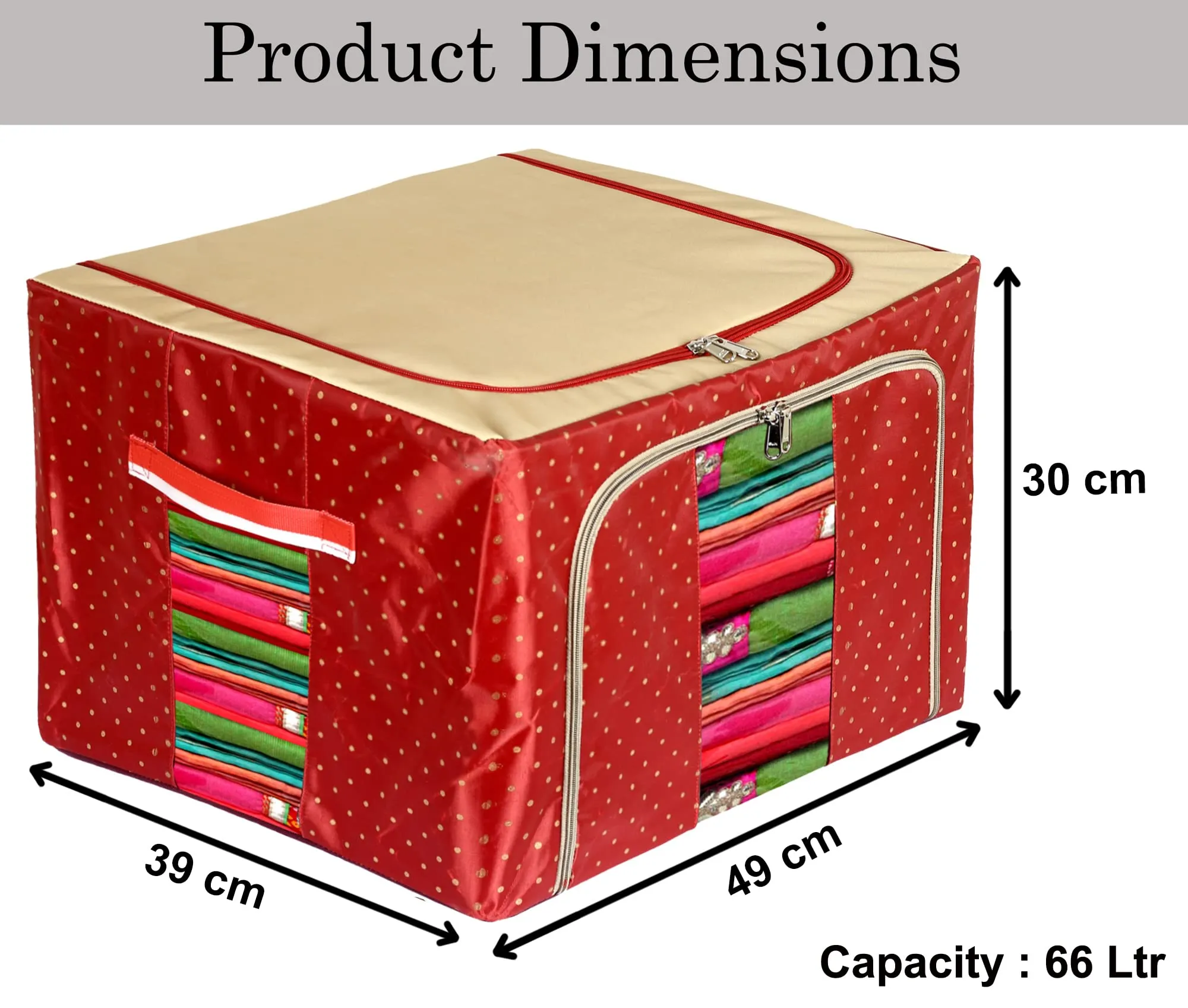 Kuber Industries Dot Printed Steel Frame Living Box, Closet Organizer, Cloth Storage Boxes for Wardrobe With Clear Window, 66Ltr.- Pack of 2 (Maroon & Brown)-44KM0260