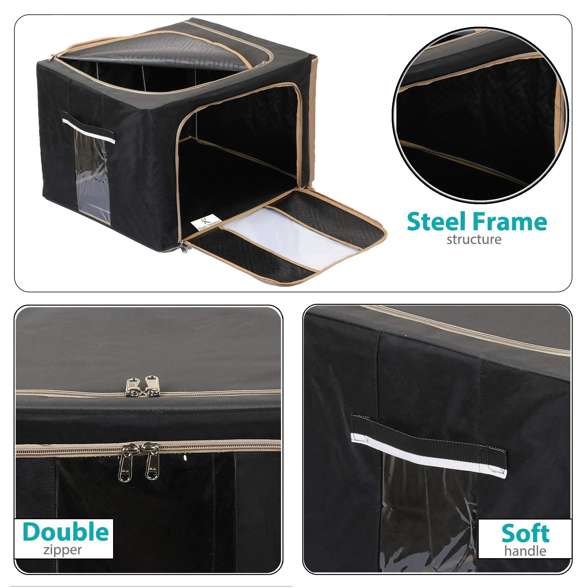 Kuber Industries Steel Frame Living Box, Closet Organizer, Cloth Storage Boxes for Wardrobe With Clear Window, 44Ltr.- Pack of 2 (Black & Grey)-44KM0304