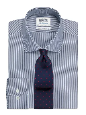 Navy Blue Mini Bengal Stripe Plain Weave Super Fitted Single Cuff Classic Collar Shirt