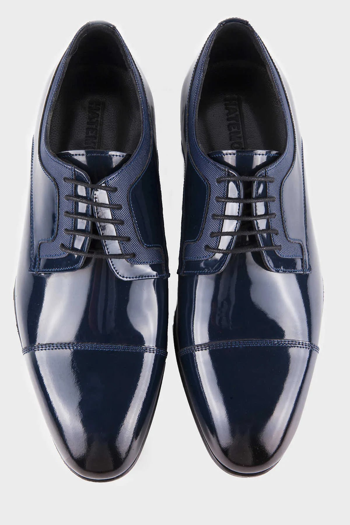 Navy Patent Leather Lace-Up Cap Toe Tuxedo Shoes