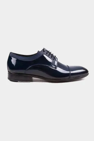 Navy Patent Leather Lace-Up Cap Toe Tuxedo Shoes