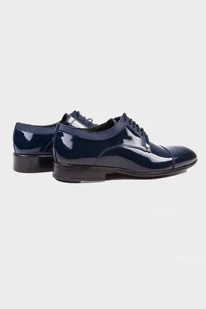 Navy Patent Leather Lace-Up Cap Toe Tuxedo Shoes