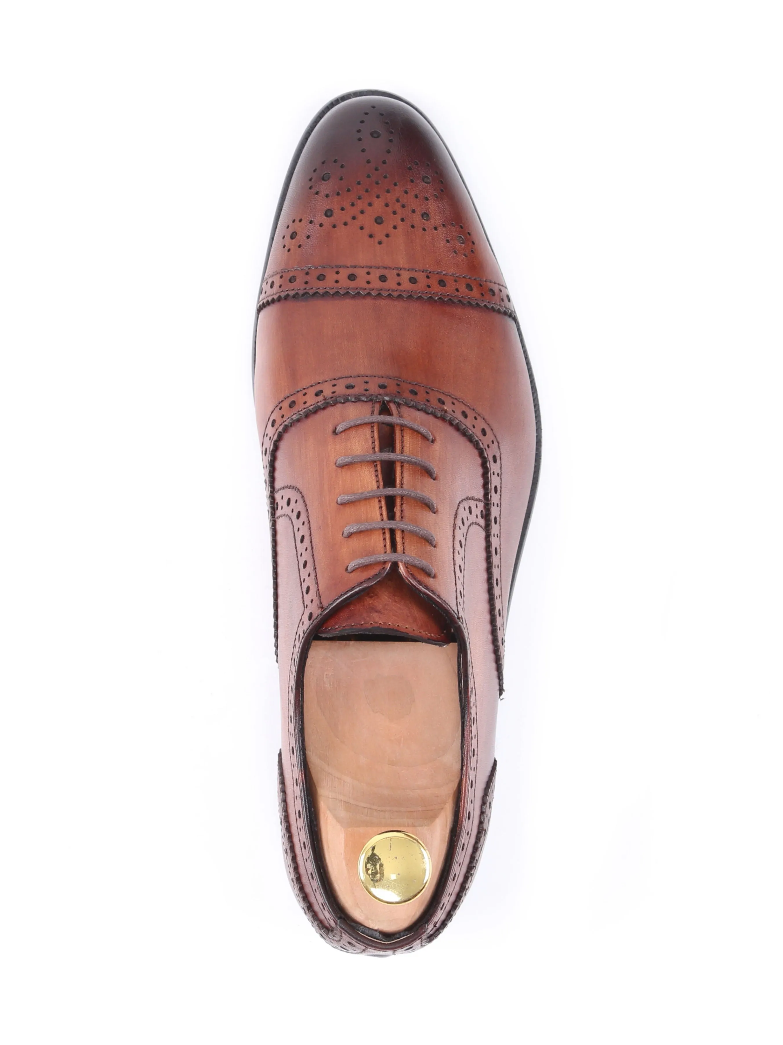 Oxford Cap Toe - Cognac Tan Semi Brogue Lace Up (Hand Painted Patina)