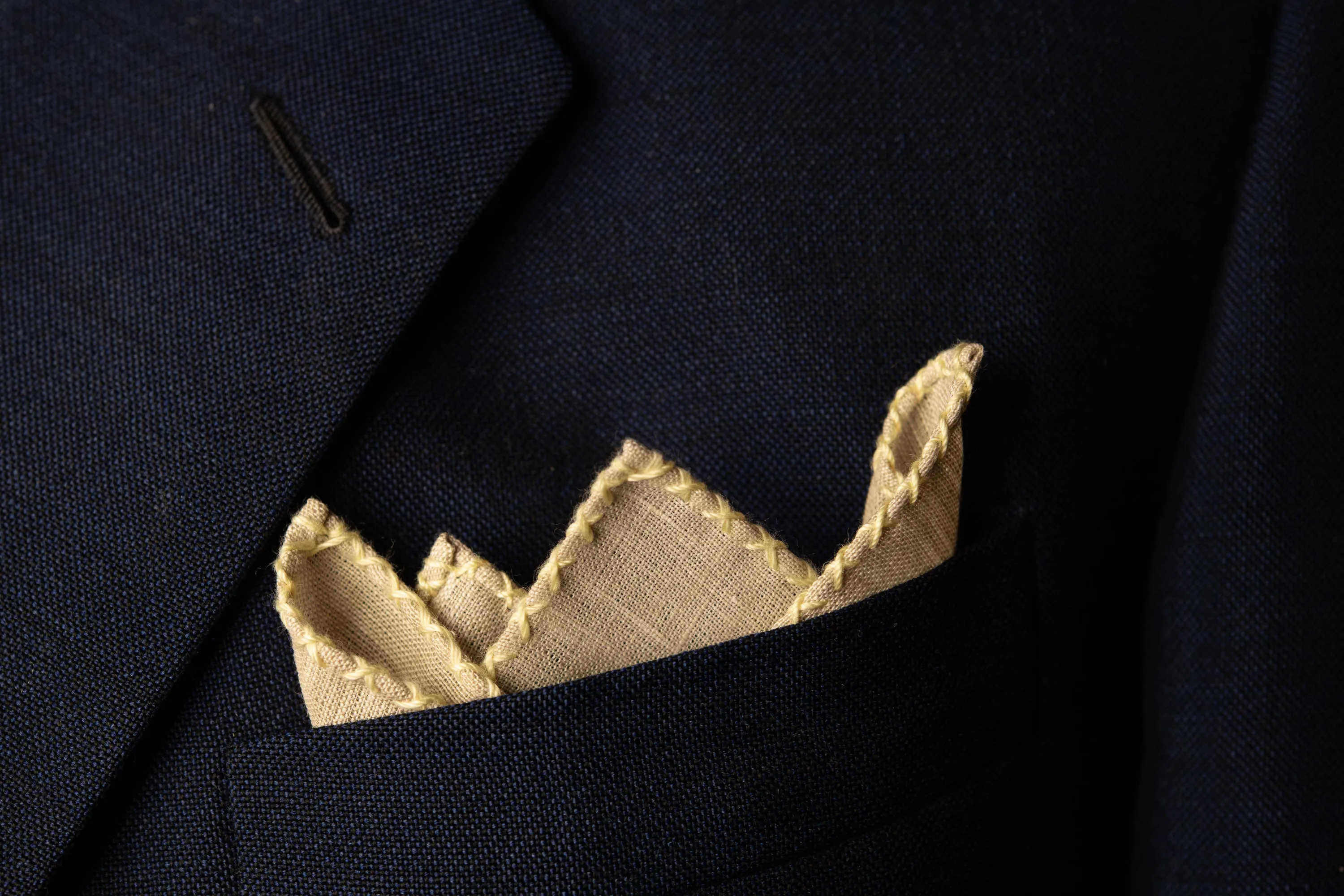 Pale Yellow X-Stitch Edge Light Brown Linen Pocket Square