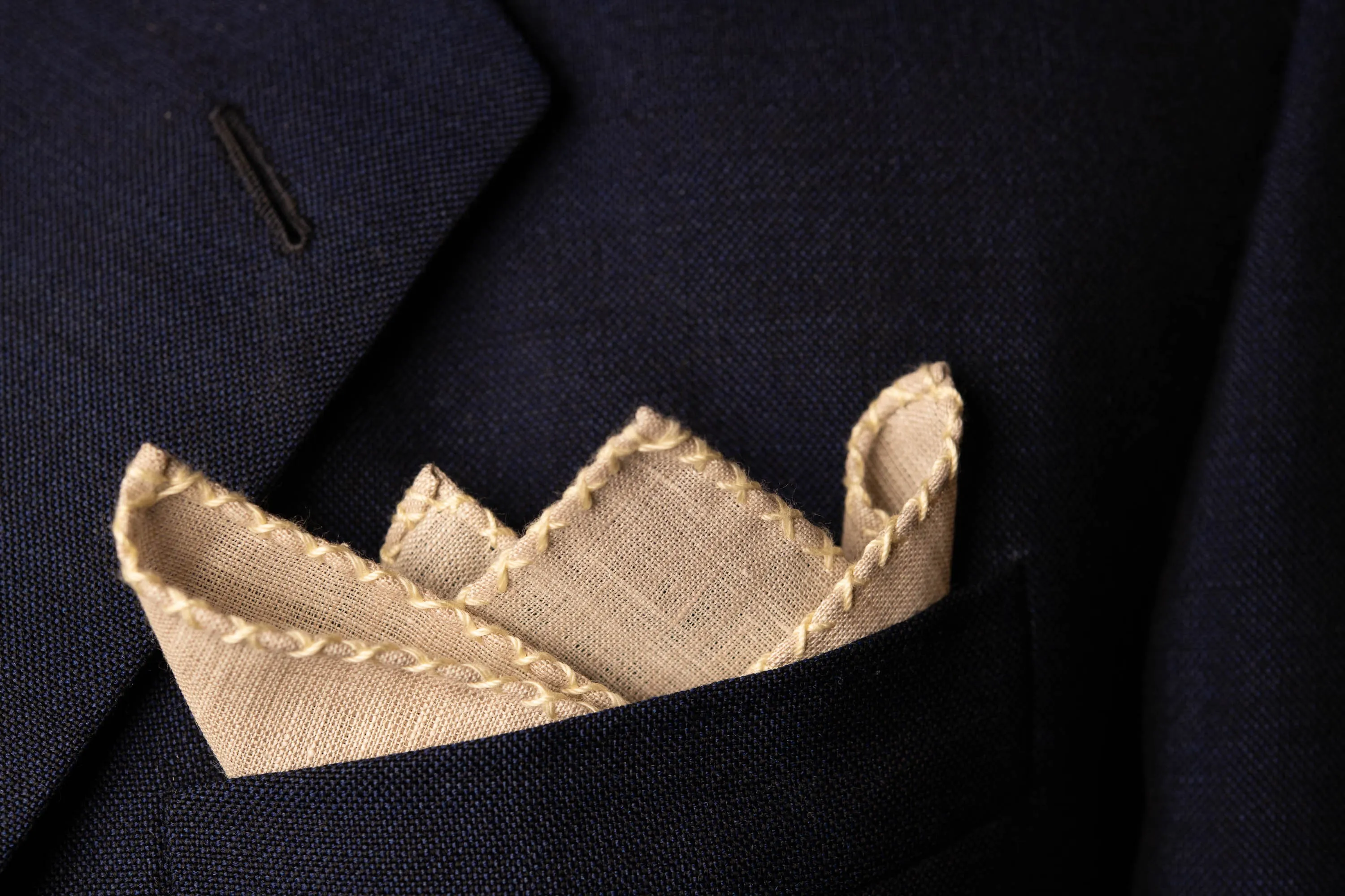 Pale Yellow X-Stitch Edge Light Brown Linen Pocket Square