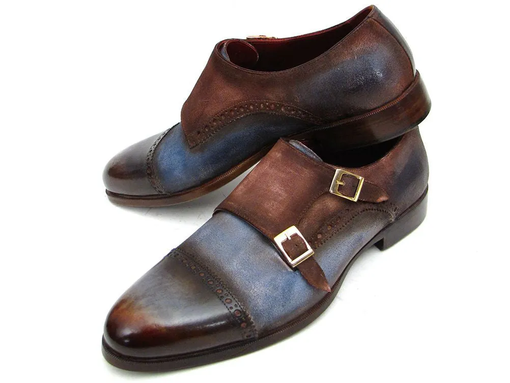 Paul Parkman Men's Captoe Double Monkstrap Antique Blue & Brown Suede