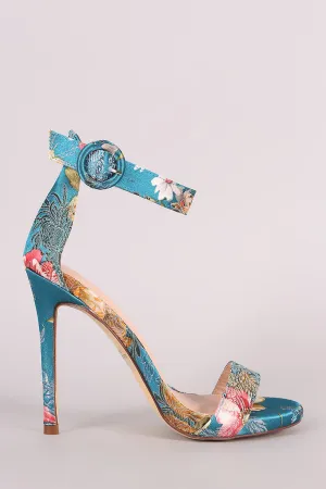 Satin Floral Embroidery Open Toe Ankle Strap Stiletto Heel