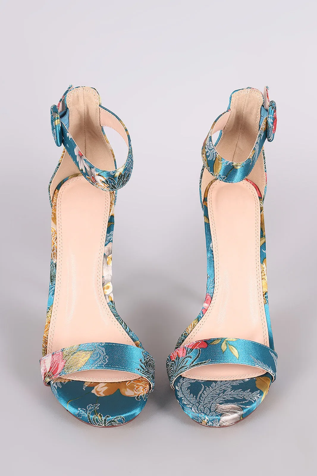 Satin Floral Embroidery Open Toe Ankle Strap Stiletto Heel