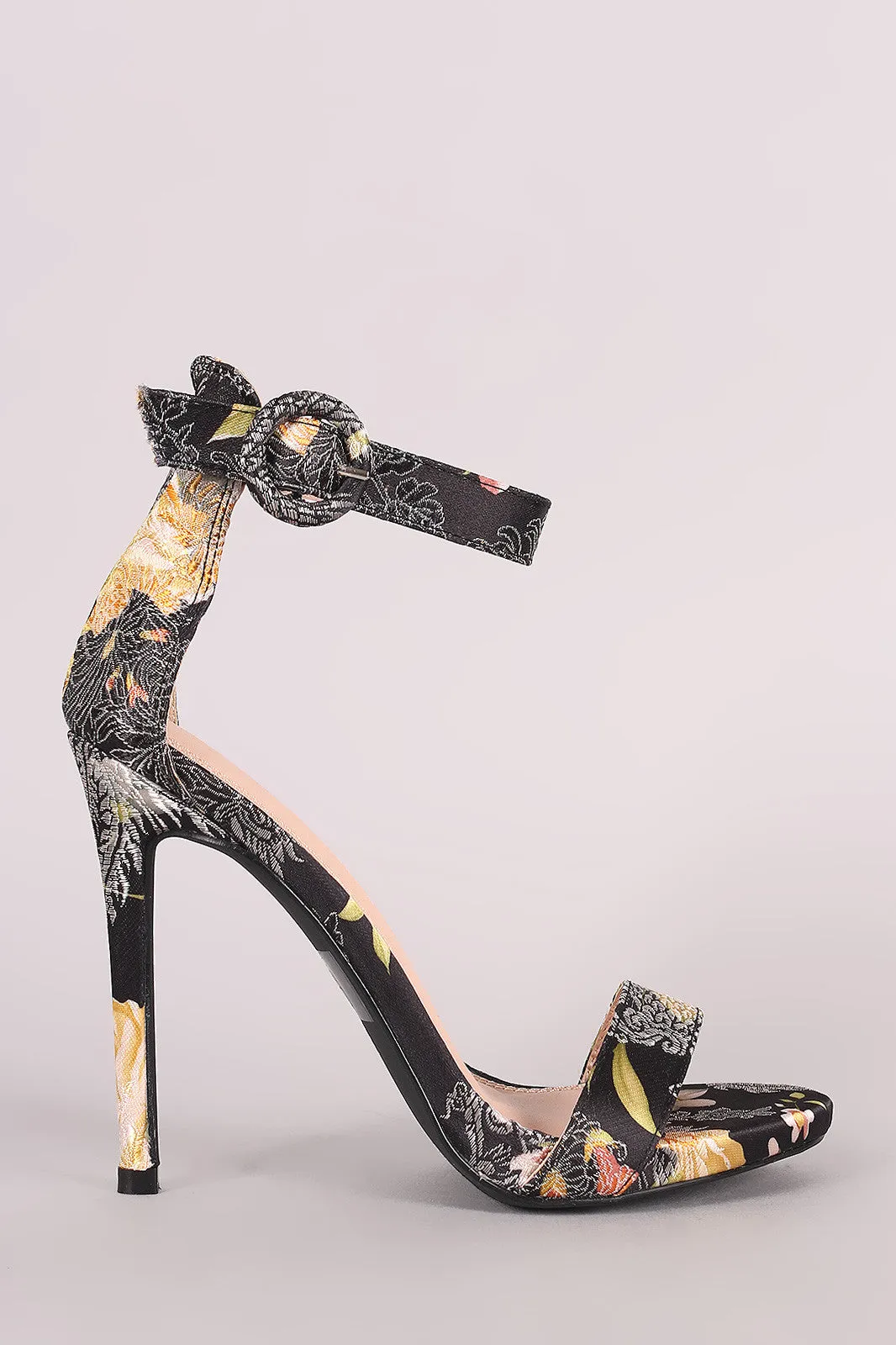 Satin Floral Embroidery Open Toe Ankle Strap Stiletto Heel