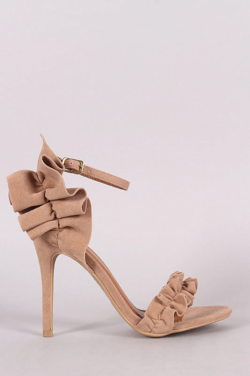 Shoe Republic LA Suede Ruffle-Trimmed Ankle Strap Heel