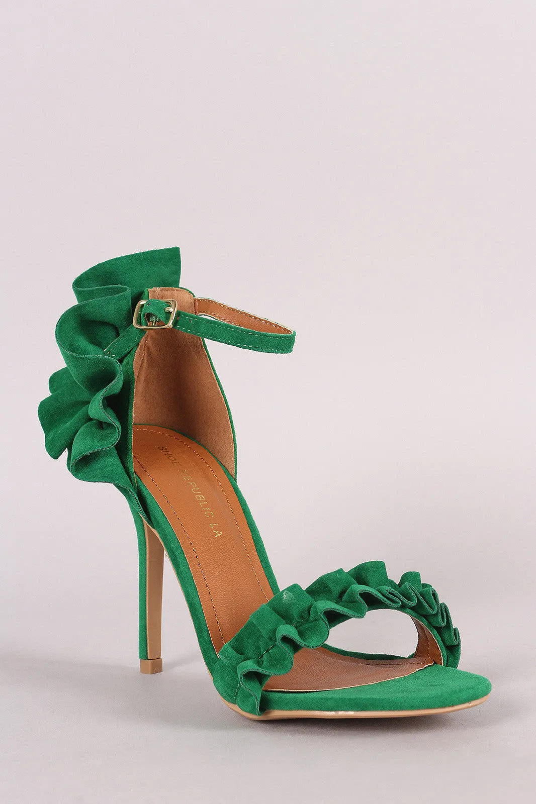 Shoe Republic LA Suede Ruffle-Trimmed Ankle Strap Heel