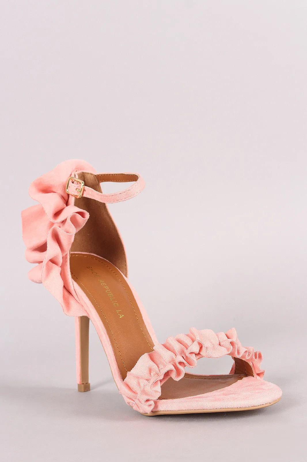 Shoe Republic LA Suede Ruffle-Trimmed Ankle Strap Heel