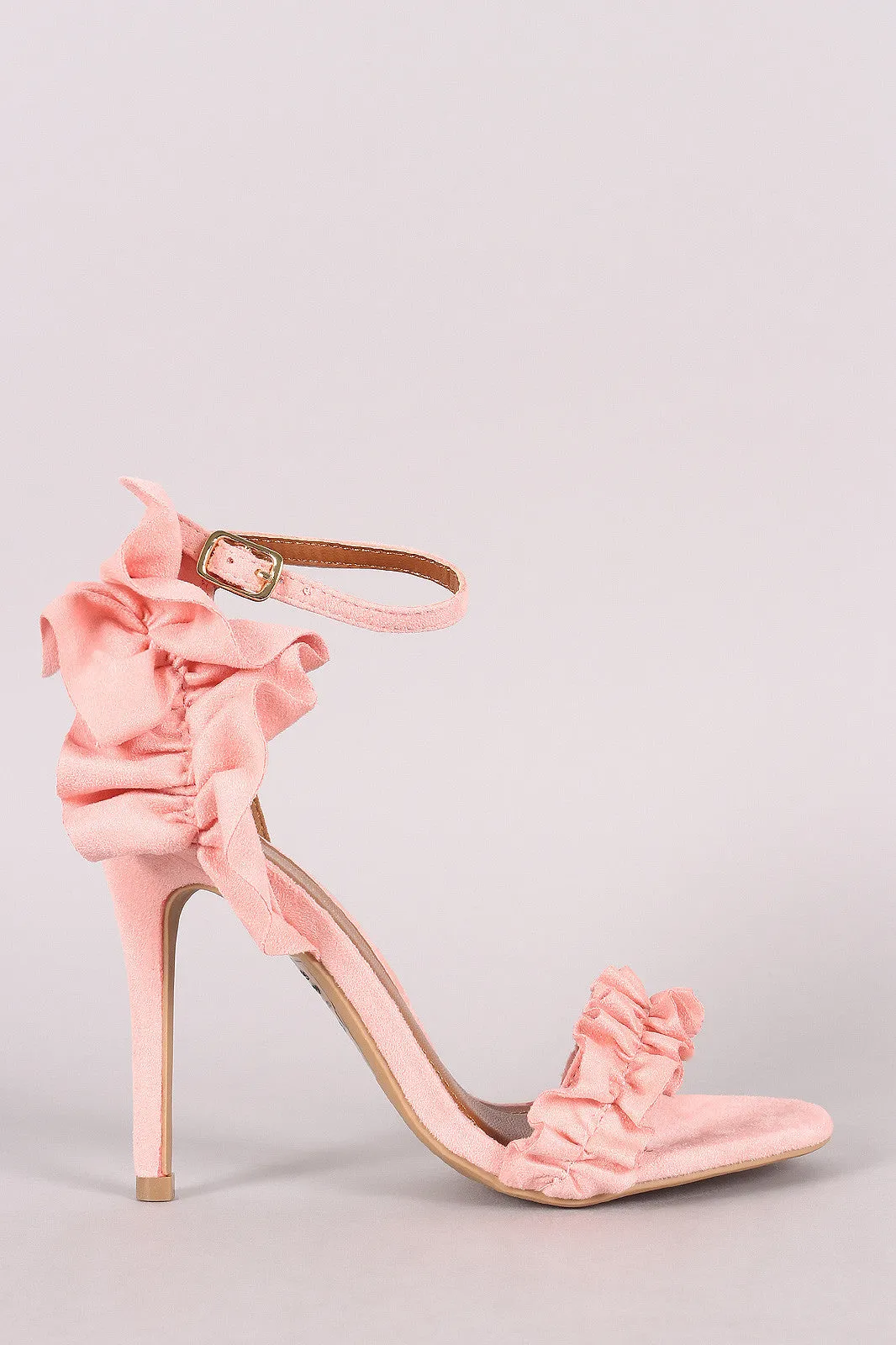 Shoe Republic LA Suede Ruffle-Trimmed Ankle Strap Heel