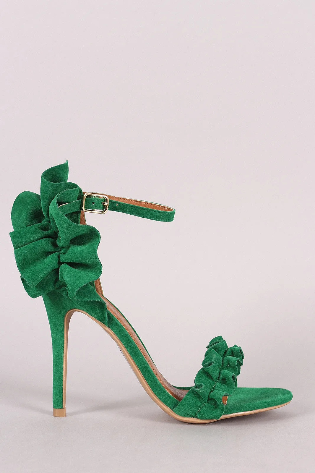 Shoe Republic LA Suede Ruffle-Trimmed Ankle Strap Heel