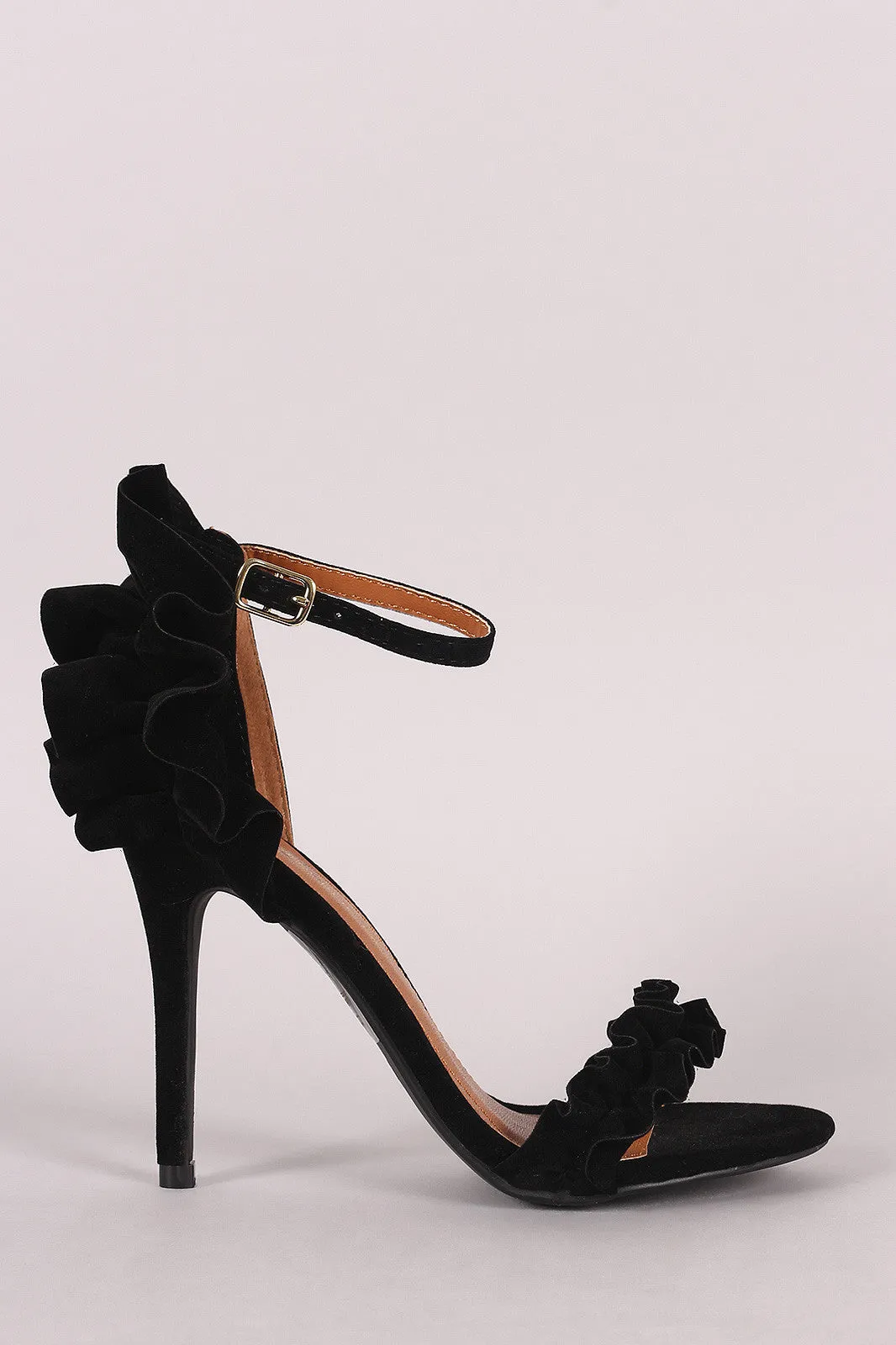 Shoe Republic LA Suede Ruffle-Trimmed Ankle Strap Heel