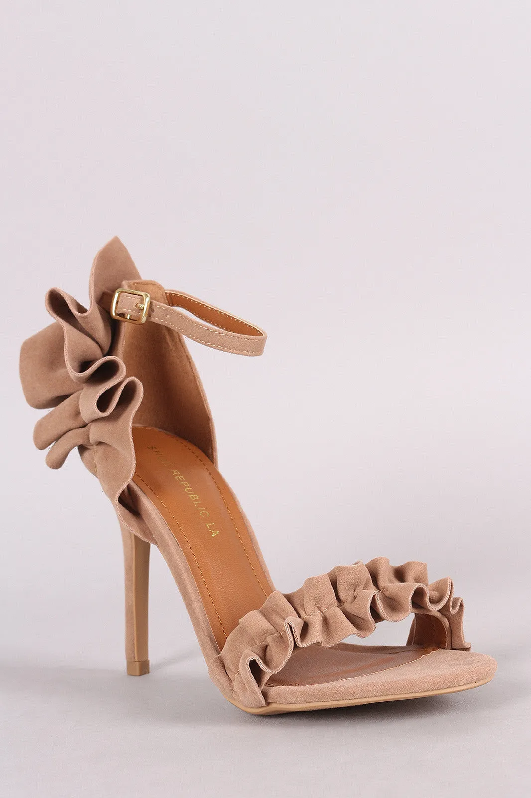 Shoe Republic LA Suede Ruffle-Trimmed Ankle Strap Heel