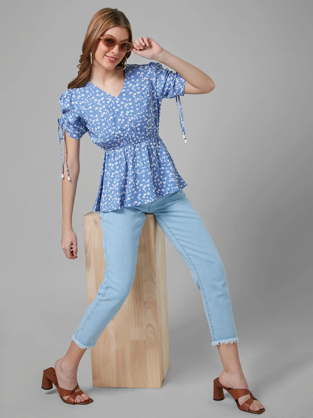 Style Quotient Women Blue And White Floral Polycrepe Peplum Smart Casual Top