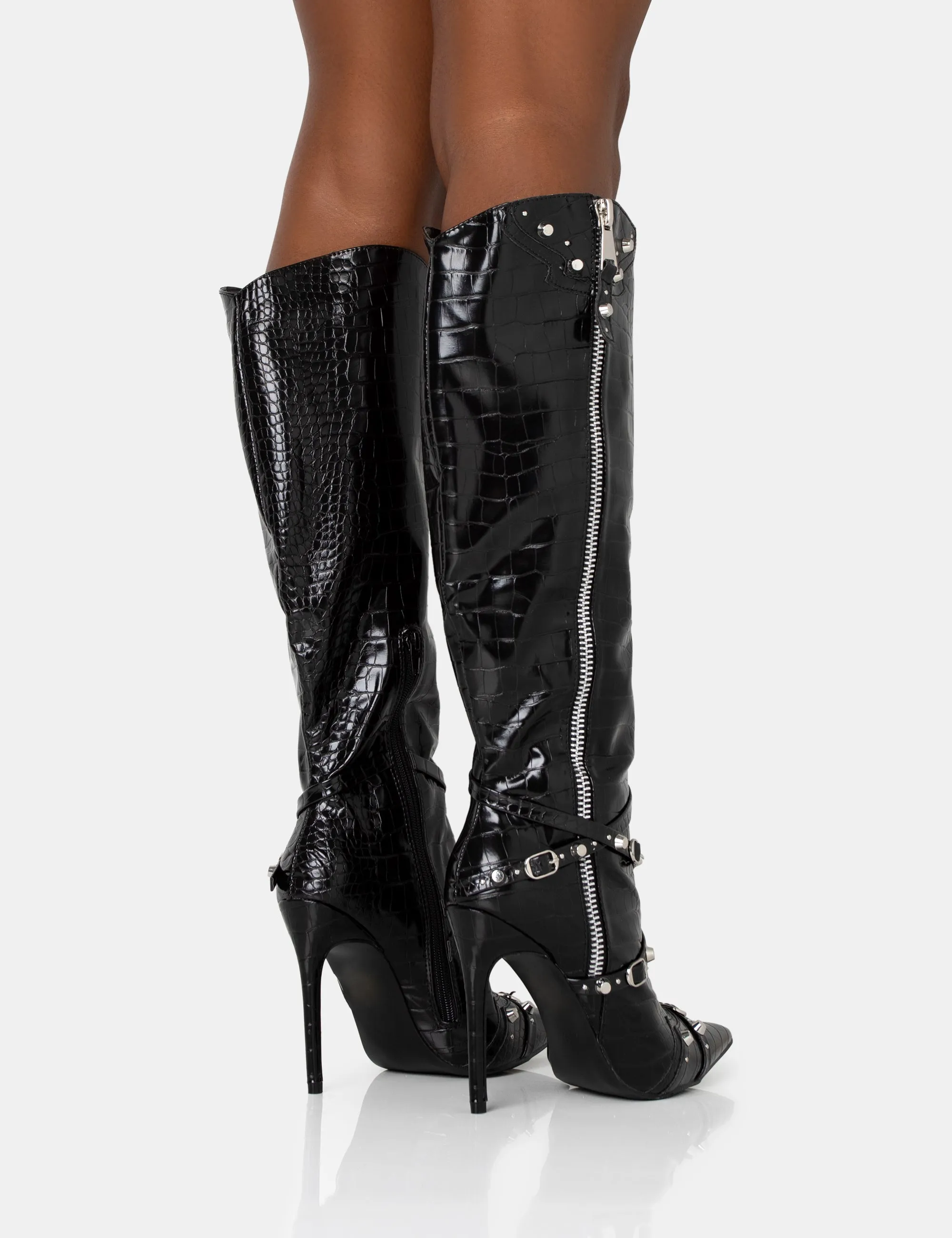 Worthy Black Croc Studded Zip Detail Pointed Stiletto Knee High Boots