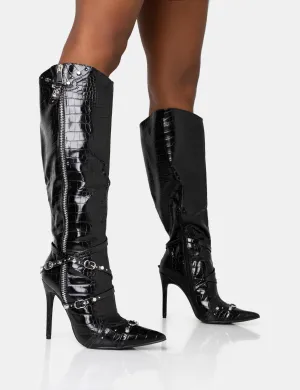 Worthy Black Croc Studded Zip Detail Pointed Stiletto Knee High Boots