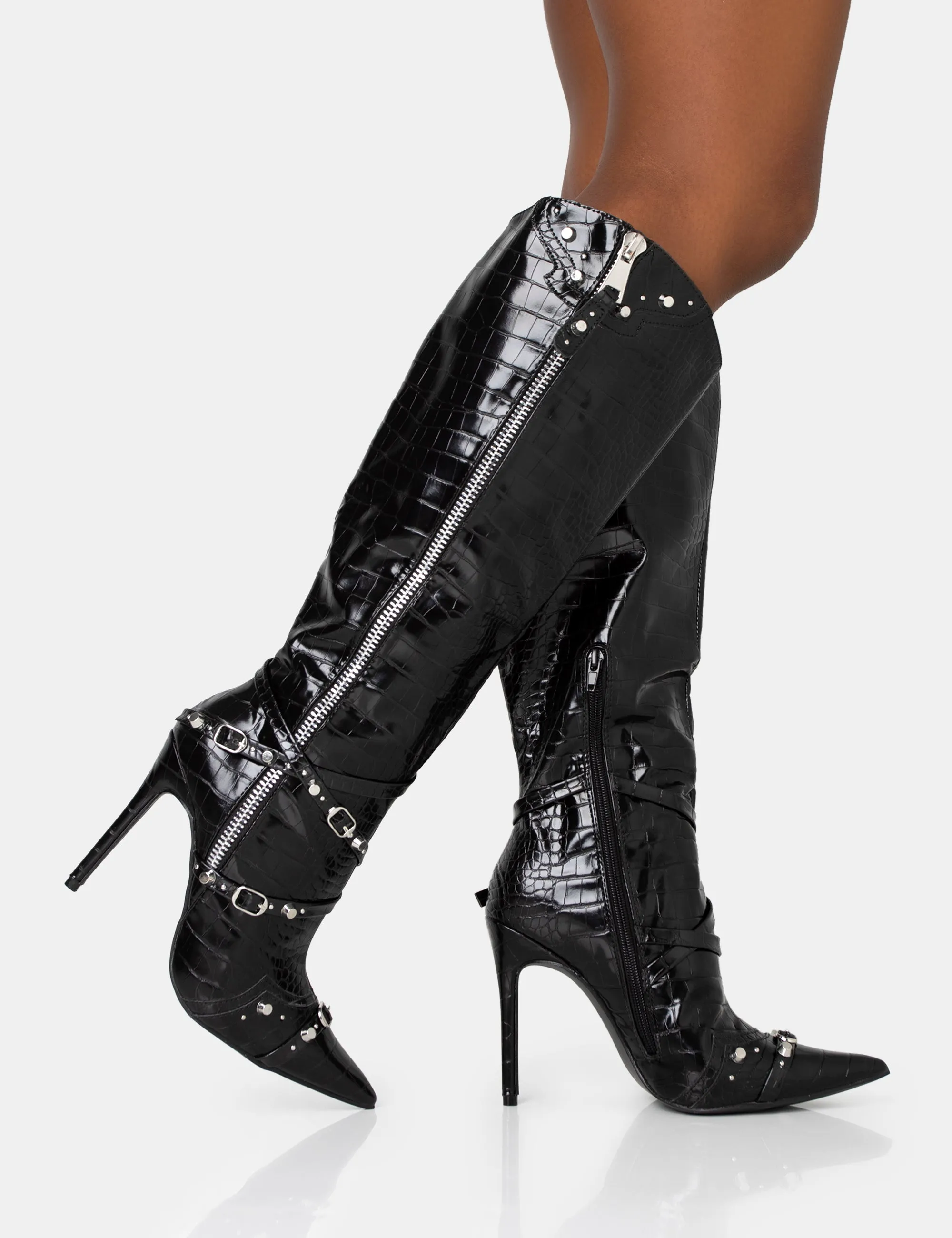 Worthy Black Croc Studded Zip Detail Pointed Stiletto Knee High Boots